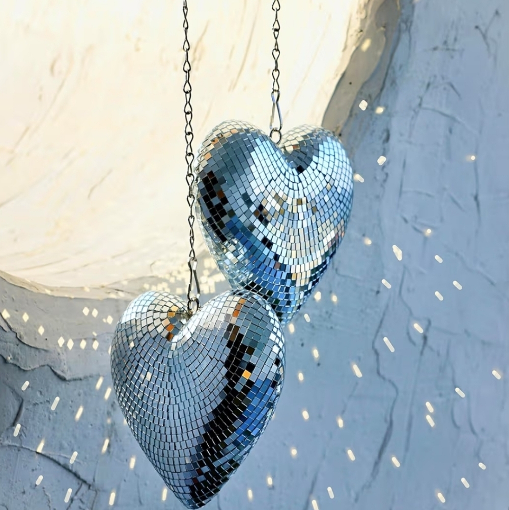 Disco Balls 2 Pack Silver Heart-Shaped Hanging Decor 6.3 Inch